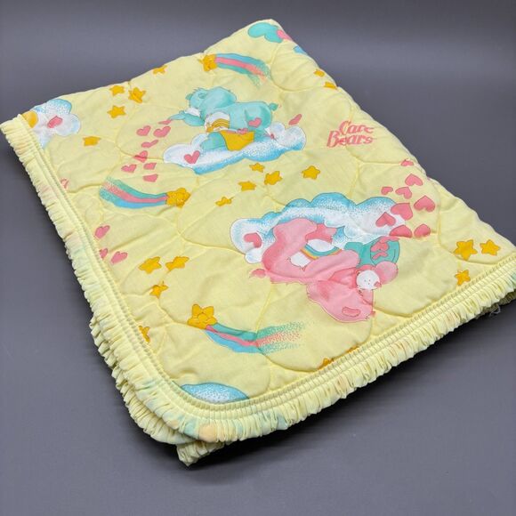 Vintage 1983 Care Bears Baby Blanket Quilted Cheer Tenderheart Wish Bear Clouds - Picture 1 of 8